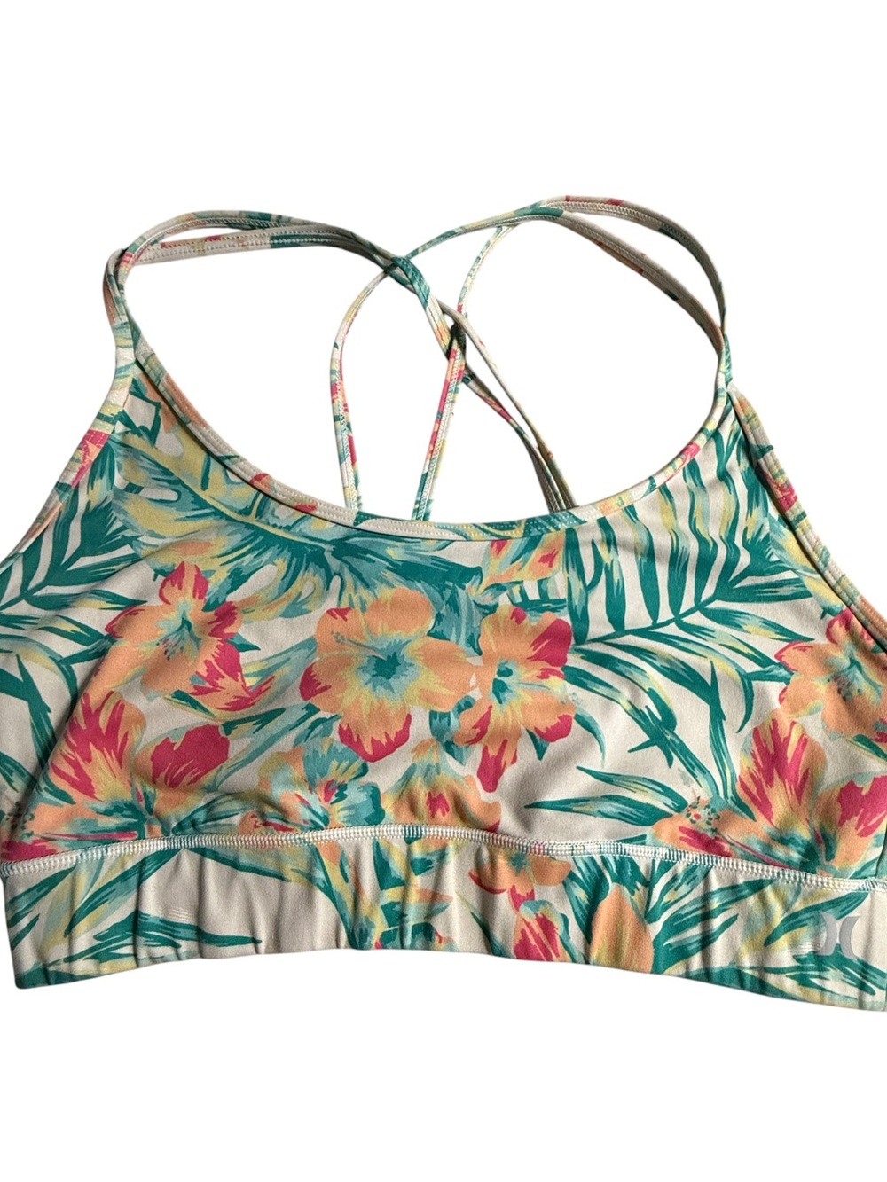 Hurley Tropical Floral Crisscross Sports Bra - Teal, Coral & Yellow